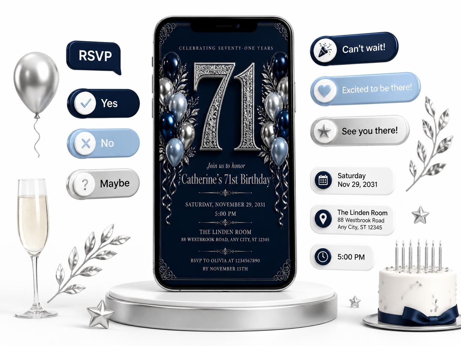 The Navy and Silver 71st Birthday Invitation invitation on a phone, with guest RSVPs arriving around it