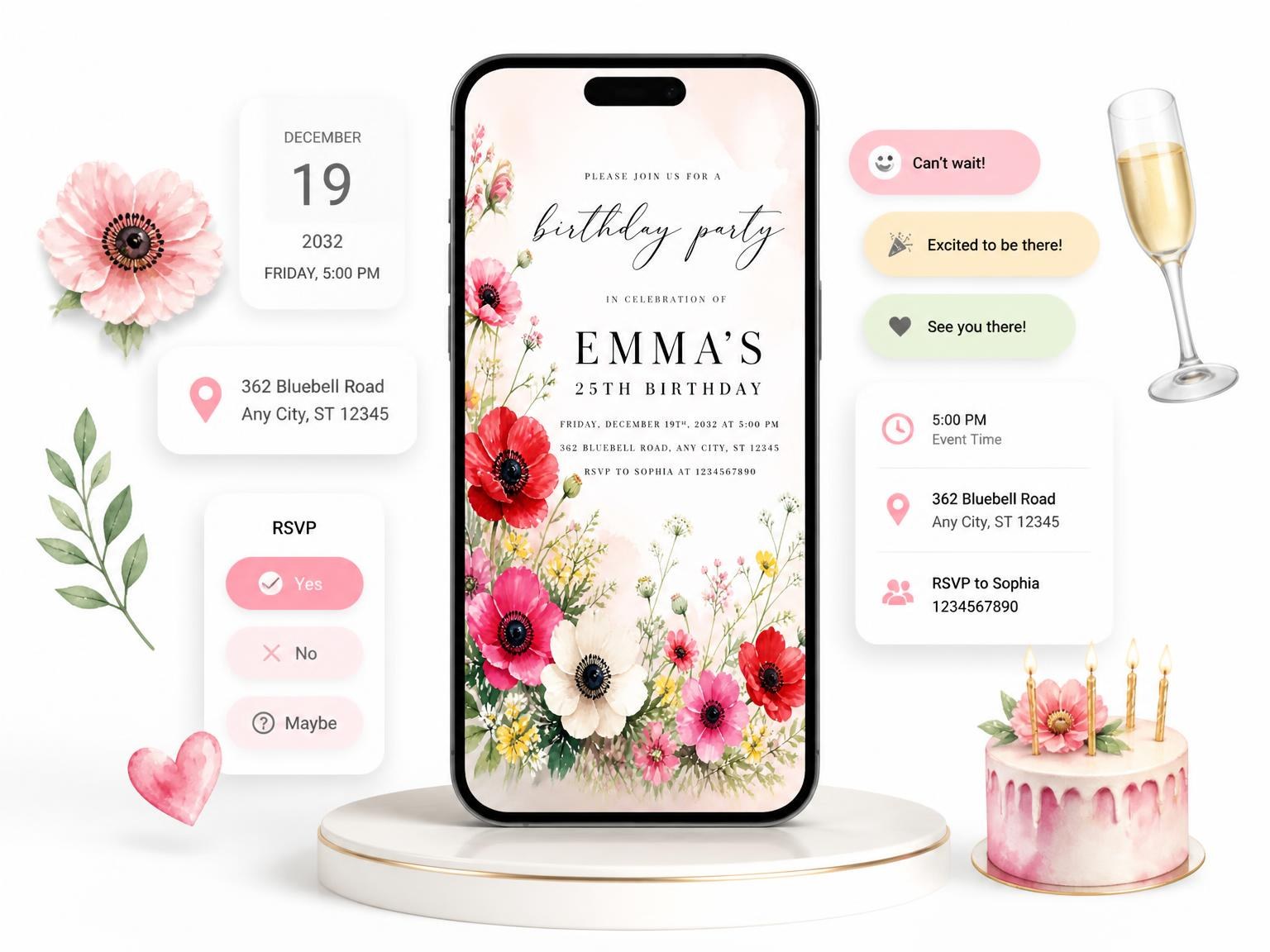 The Floral Scarlet 25th Birthday Invitation invitation on a phone, with guest RSVPs arriving around it