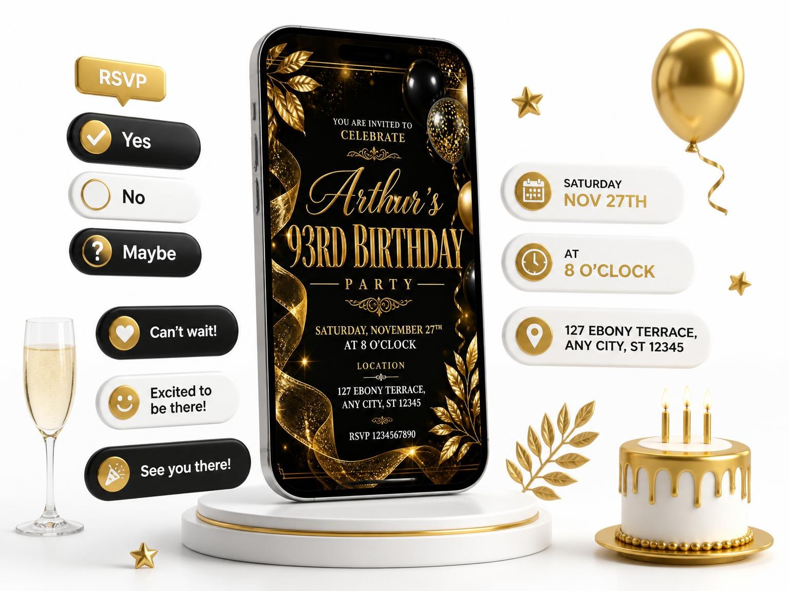 The Black and Gold 93rd Birthday Invitation invitation on a phone, with guest RSVPs arriving around it