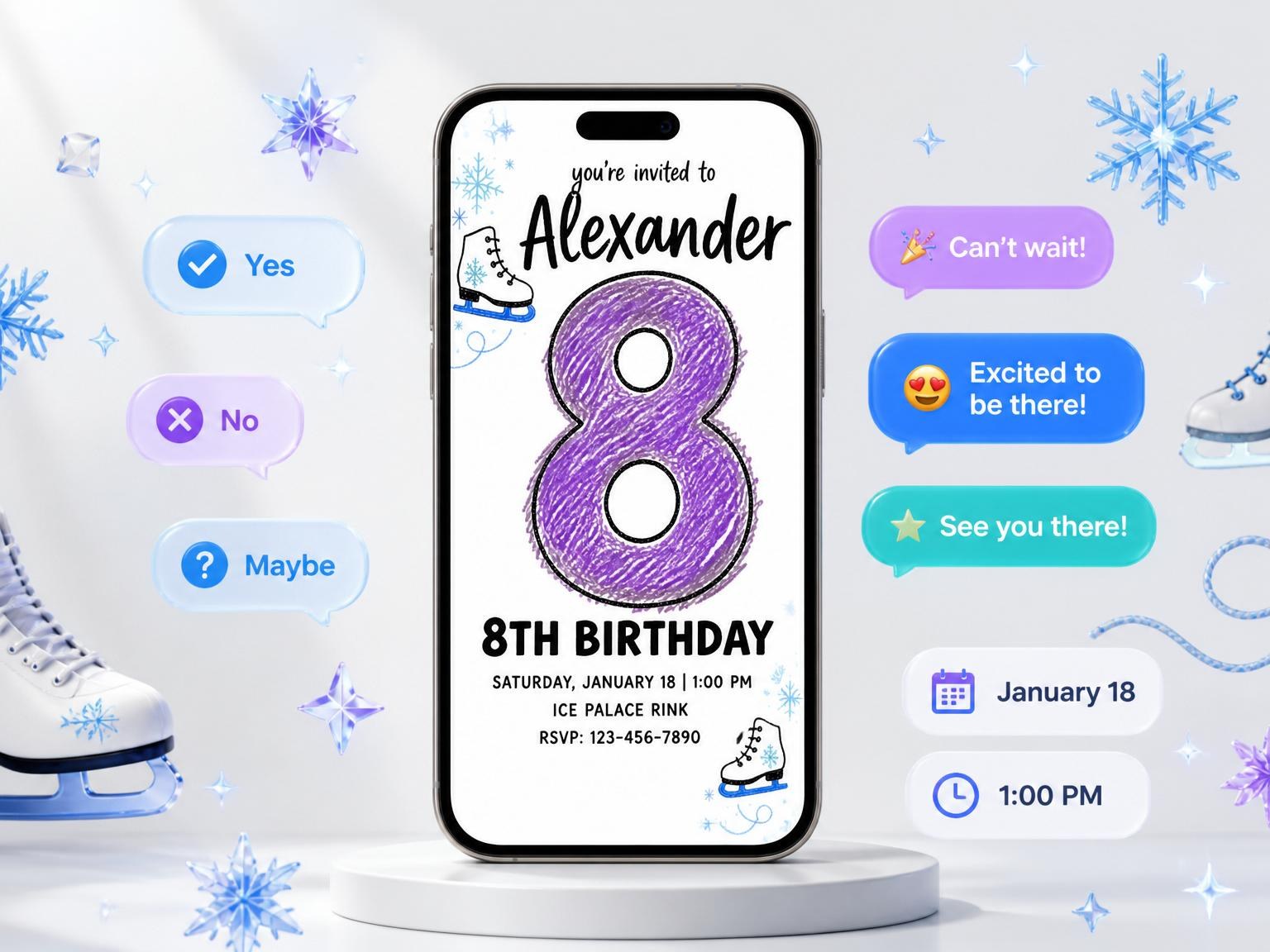 The Purple Crayon Ice Skate 8th Birthday invitation on a phone, with guest RSVPs arriving around it