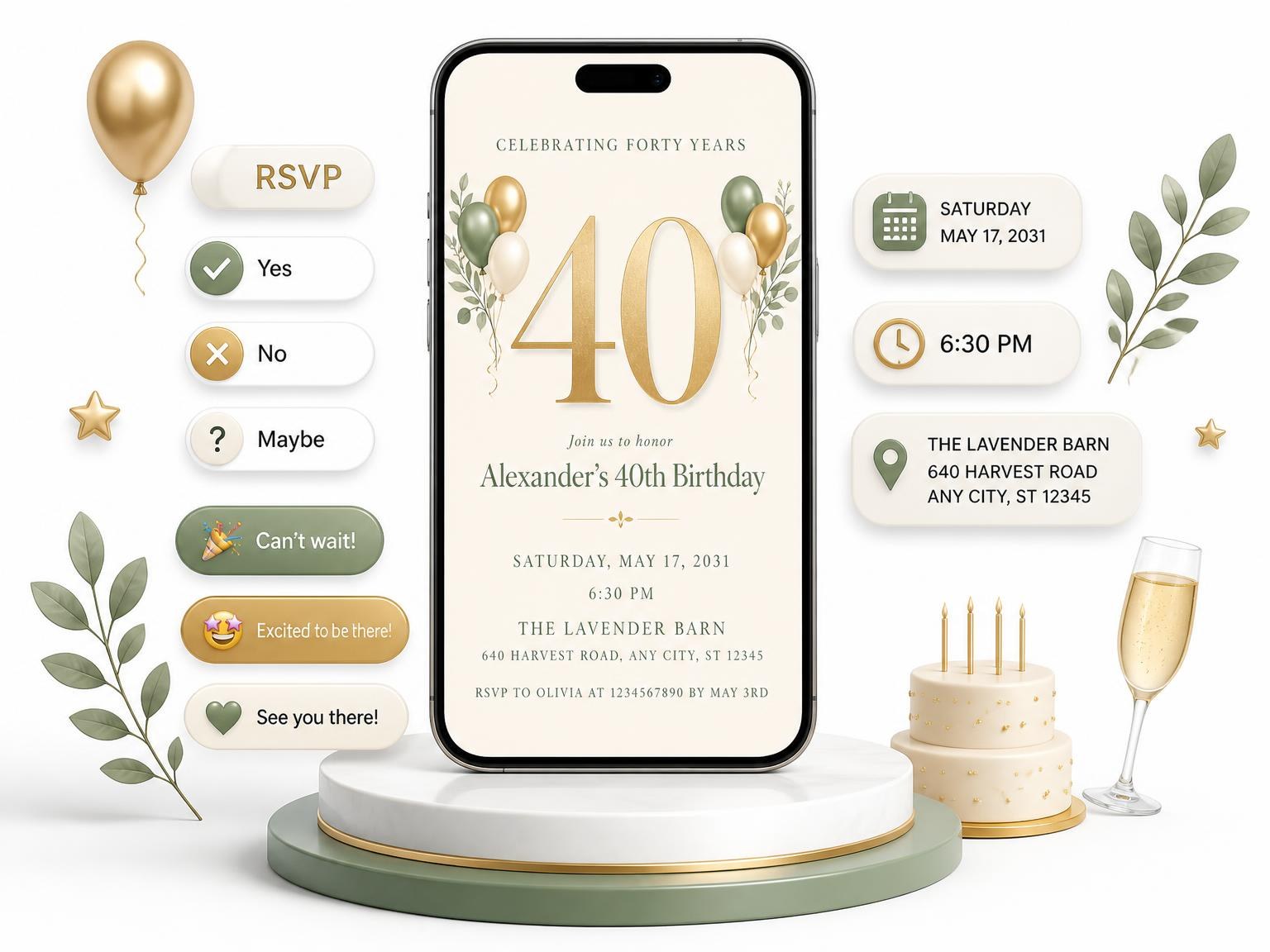 The Sage and Ivory 40th Birthday Invitation invitation on a phone, with guest RSVPs arriving around it