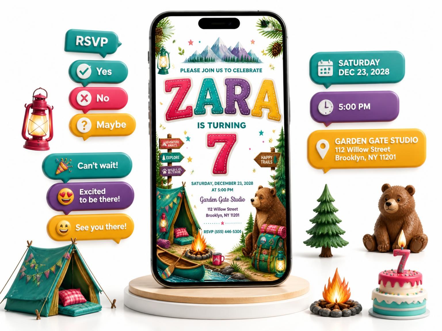 The Stitched Camping 7th Birthday Invitation invitation on a phone, with guest RSVPs arriving around it