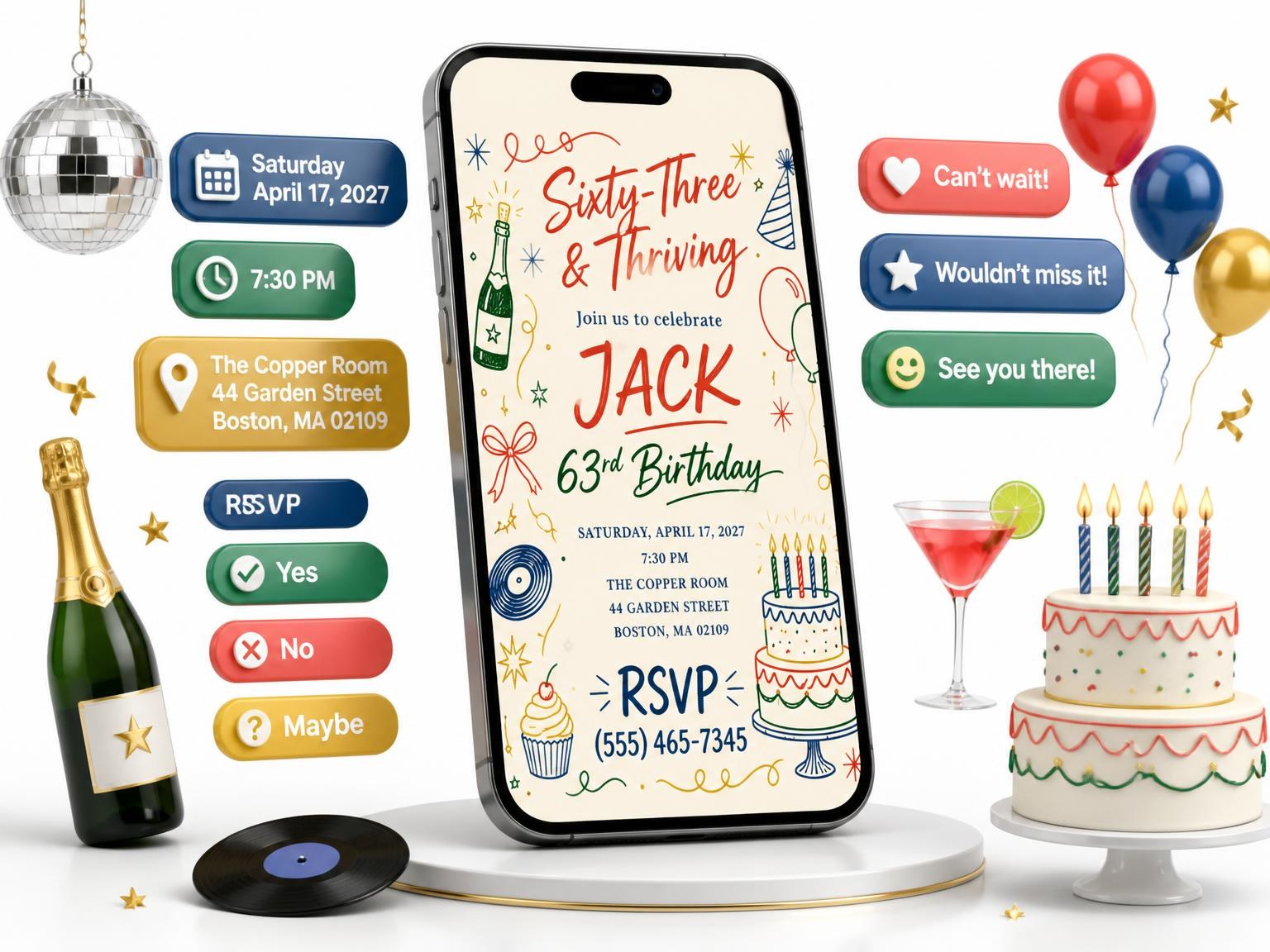 The Retro Doodle 63rd Birthday Invitation invitation on a phone, with guest RSVPs arriving around it