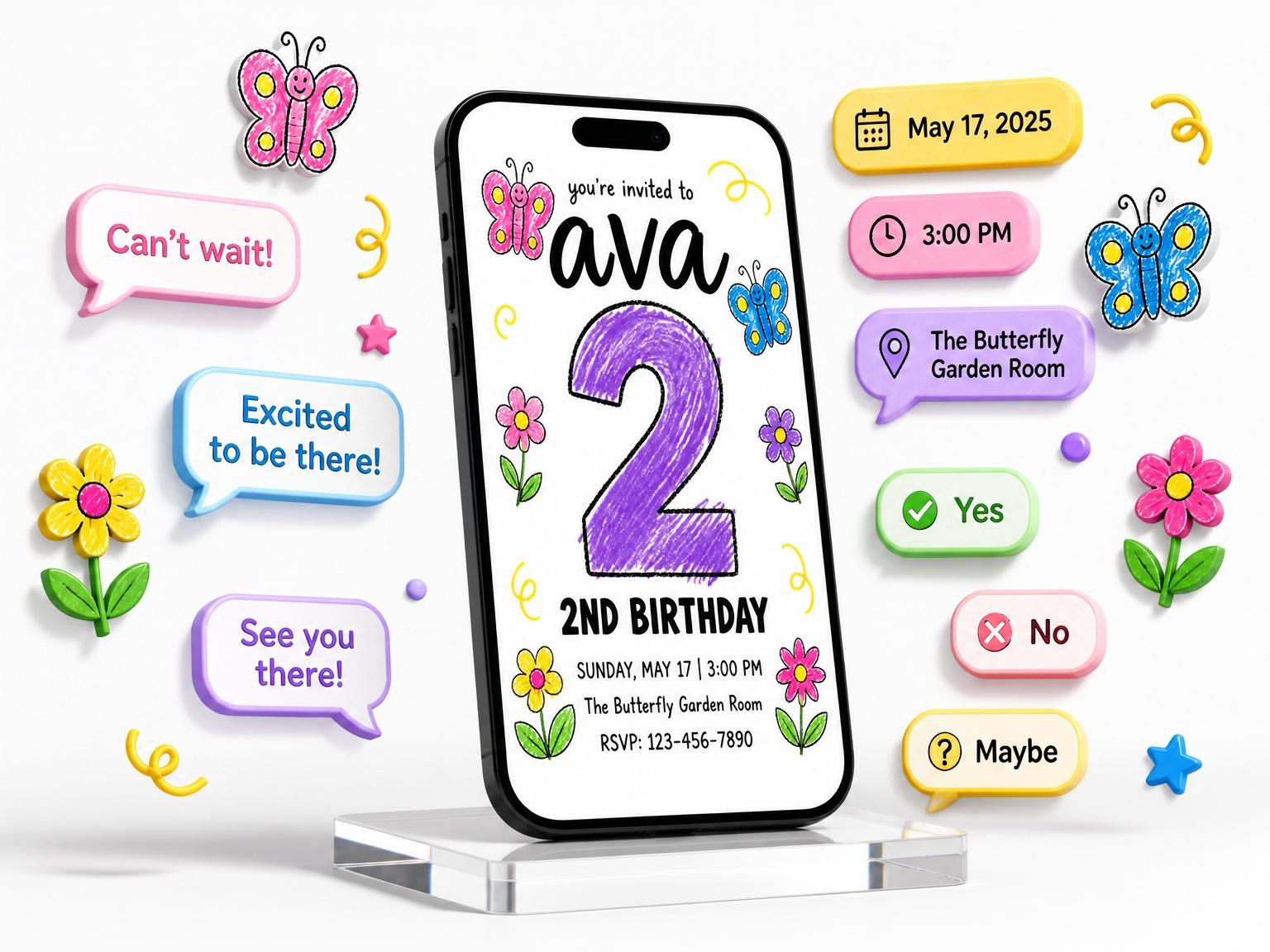 The Crayon Butterfly Flower 2nd Birthday invitation on a phone, with guest RSVPs arriving around it