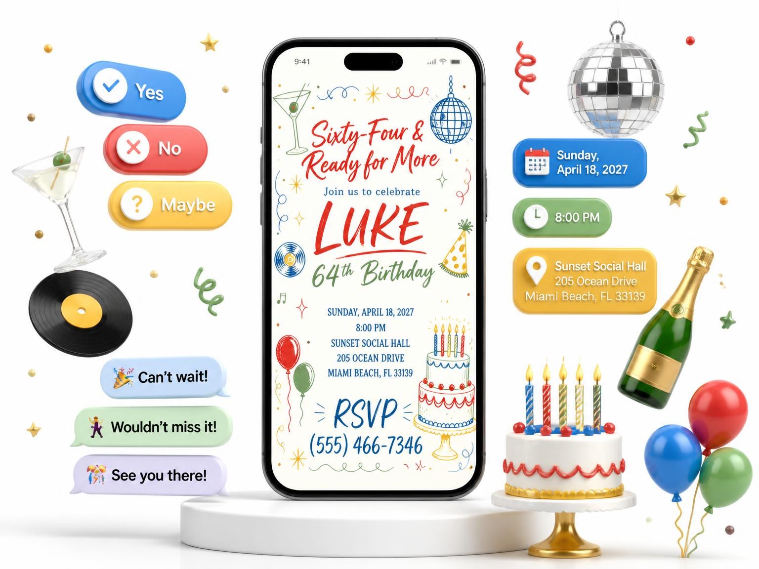 The Retro Doodle 64th Birthday Invitation invitation on a phone, with guest RSVPs arriving around it