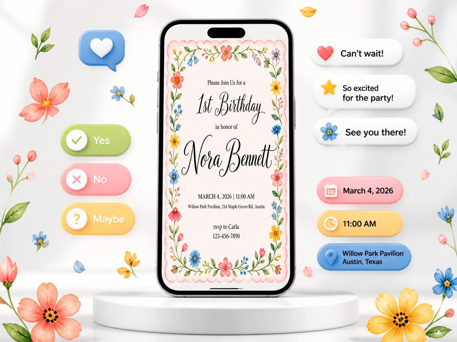 The Watercolor Floral Scalloped 1st Birthday invitation on a phone, with guest RSVPs arriving around it