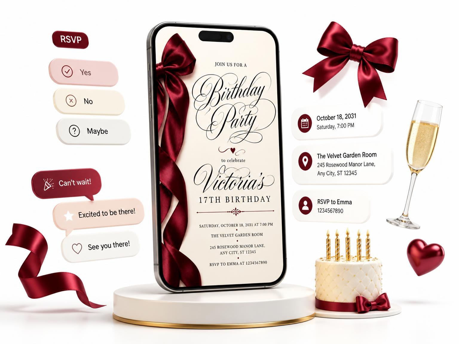 The Burgundy Satin Bow 17th Birthday Invitation invitation on a phone, with guest RSVPs arriving around it