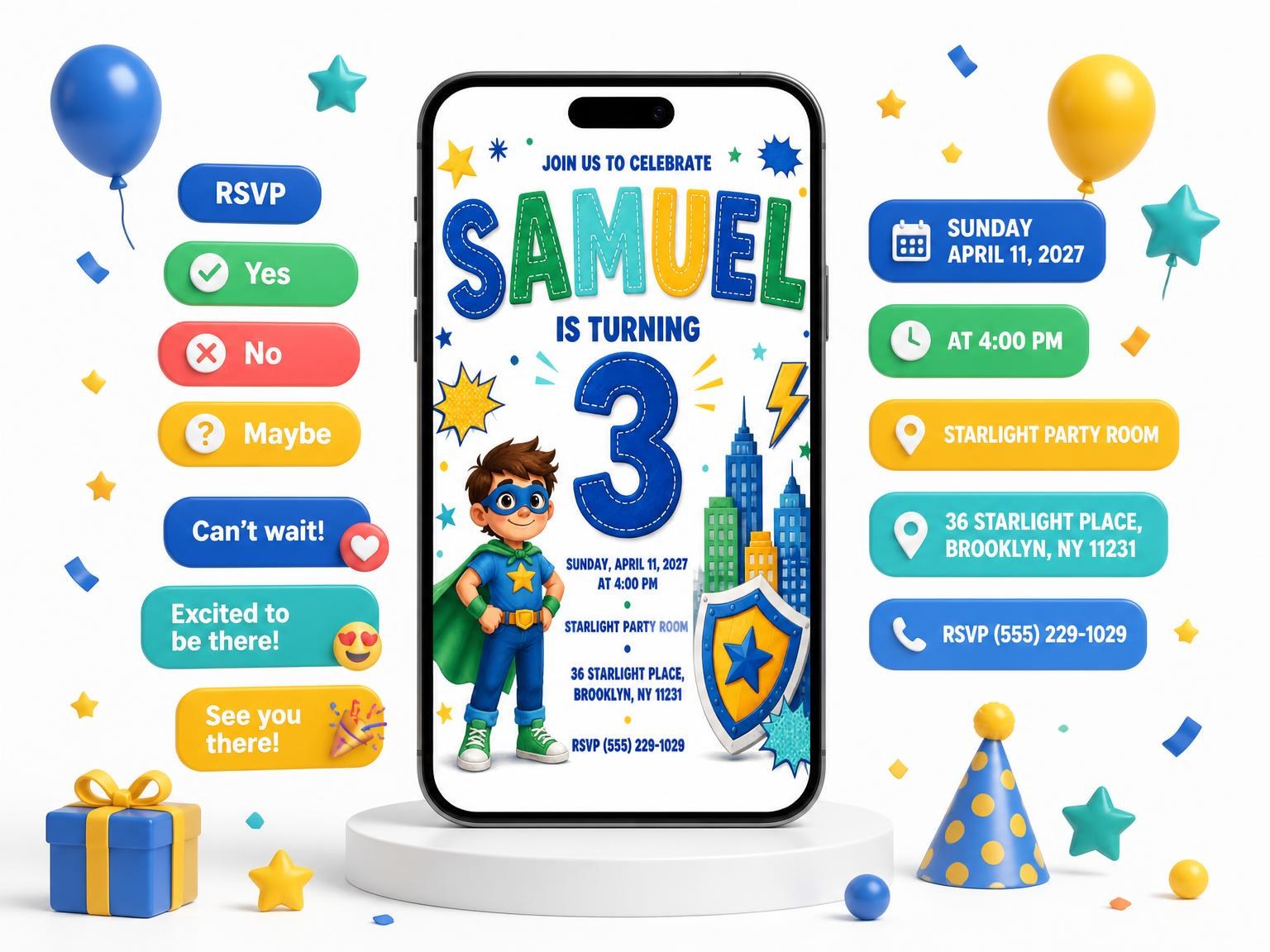 The Superhero Shield 3rd Birthday Invitation invitation on a phone, with guest RSVPs arriving around it