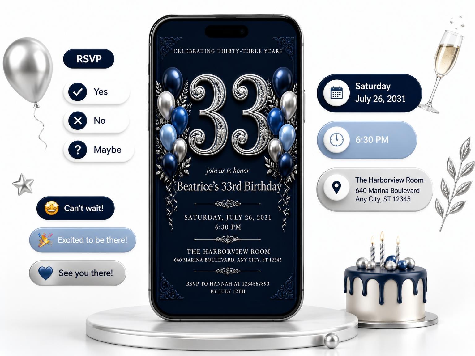 The Navy and Silver 33rd Birthday Invitation invitation on a phone, with guest RSVPs arriving around it