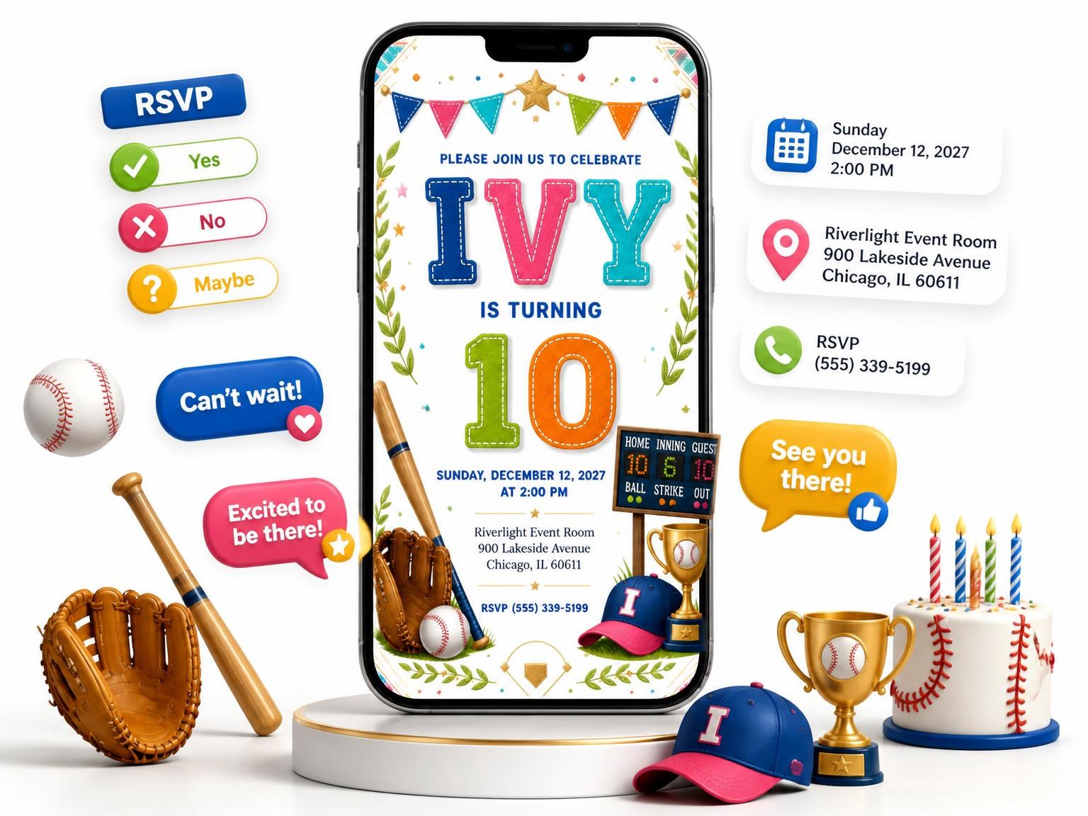 The Stitched Baseball 10th Birthday Invitation invitation on a phone, with guest RSVPs arriving around it