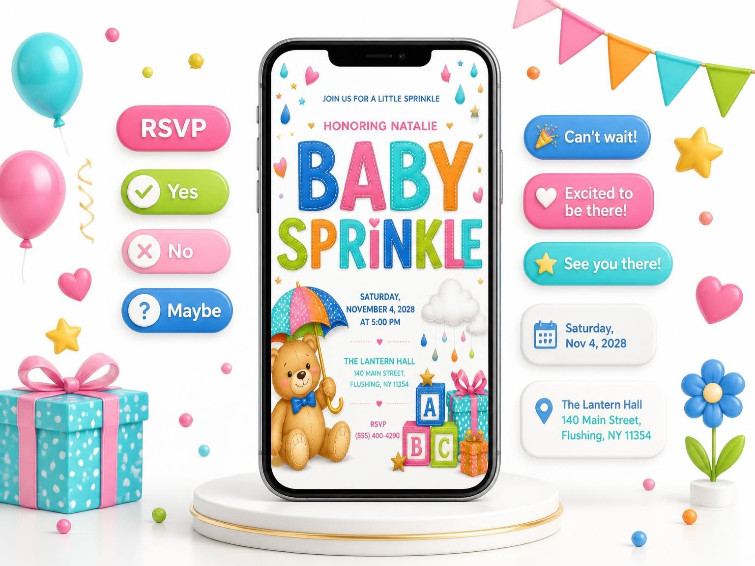 The Teddy Bear Baby Sprinkle Invitation invitation on a phone, with guest RSVPs arriving around it