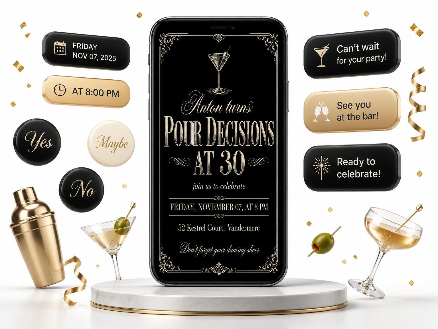 The Chalkboard Martini 30th Birthday Invitation invitation on a phone, with guest RSVPs arriving around it