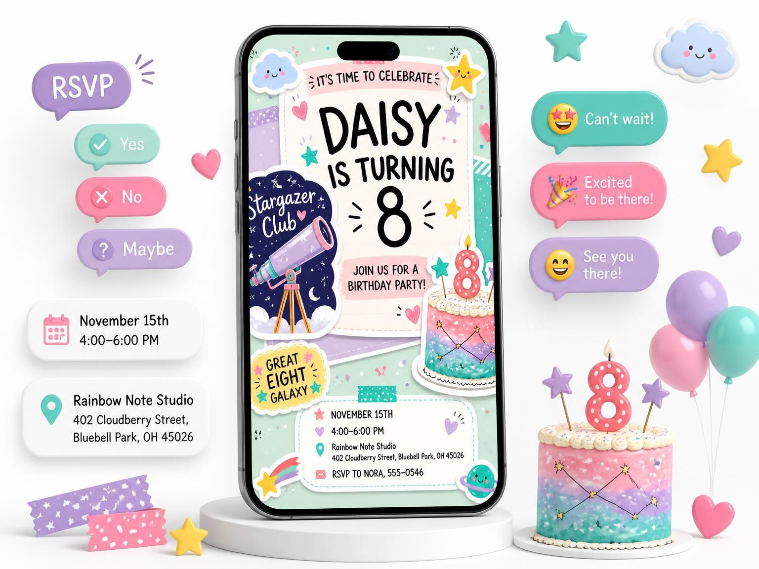The Telescope Badge Pastel 8th Birthday Invitation invitation on a phone, with guest RSVPs arriving around it