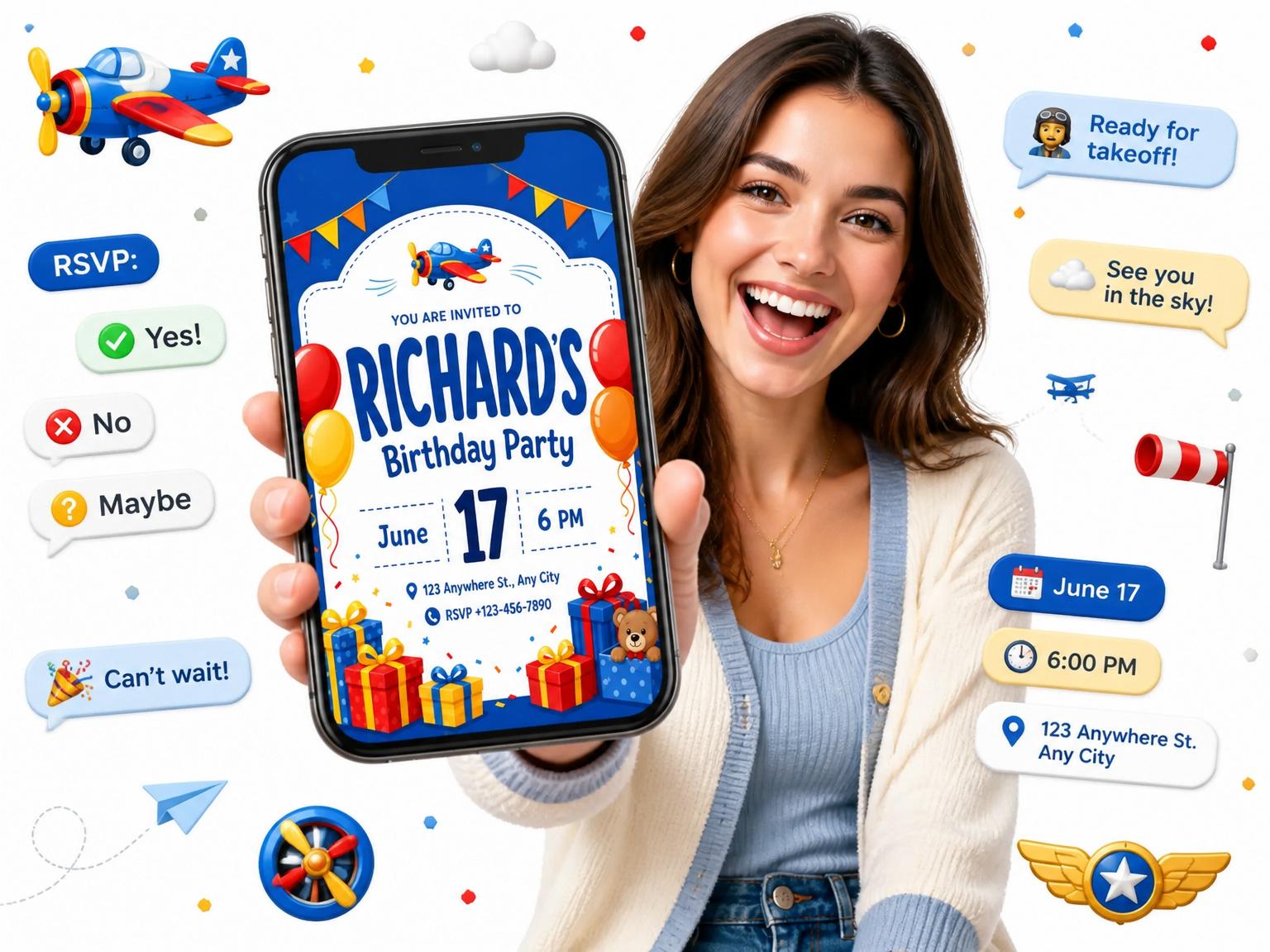The Soaring Airplane Birthday Party invitation on a phone, with guest RSVPs arriving around it