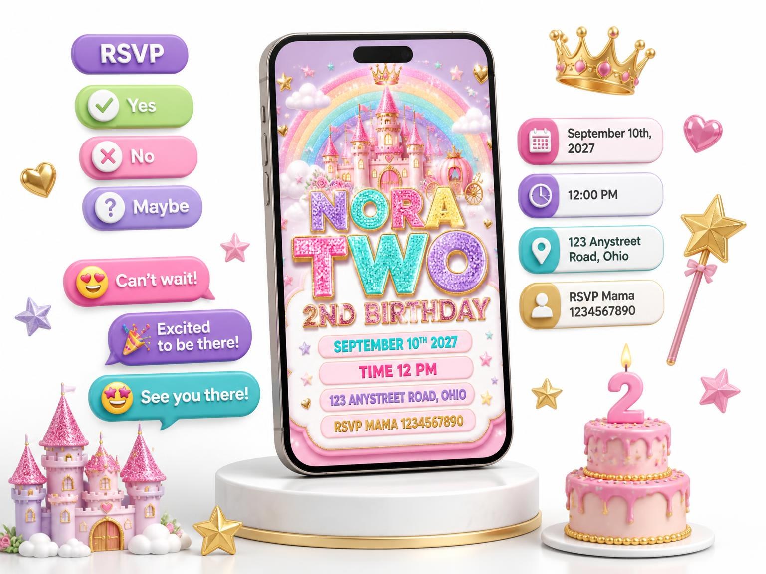 The Glitter Princess Castle 2nd Birthday Invitation invitation on a phone, with guest RSVPs arriving around it