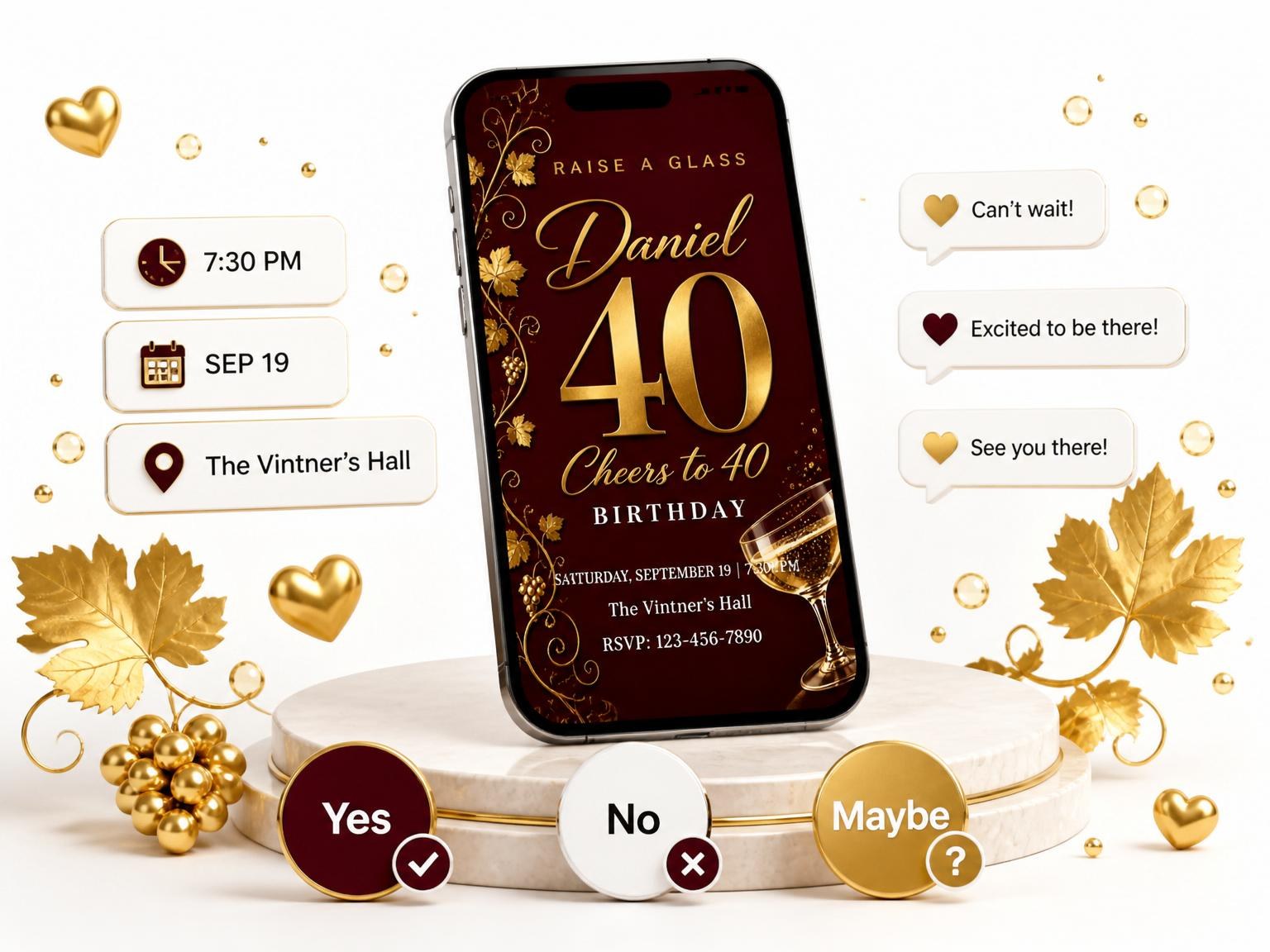 The Burgundy Gold Grapevine 40th Birthday invitation on a phone, with guest RSVPs arriving around it