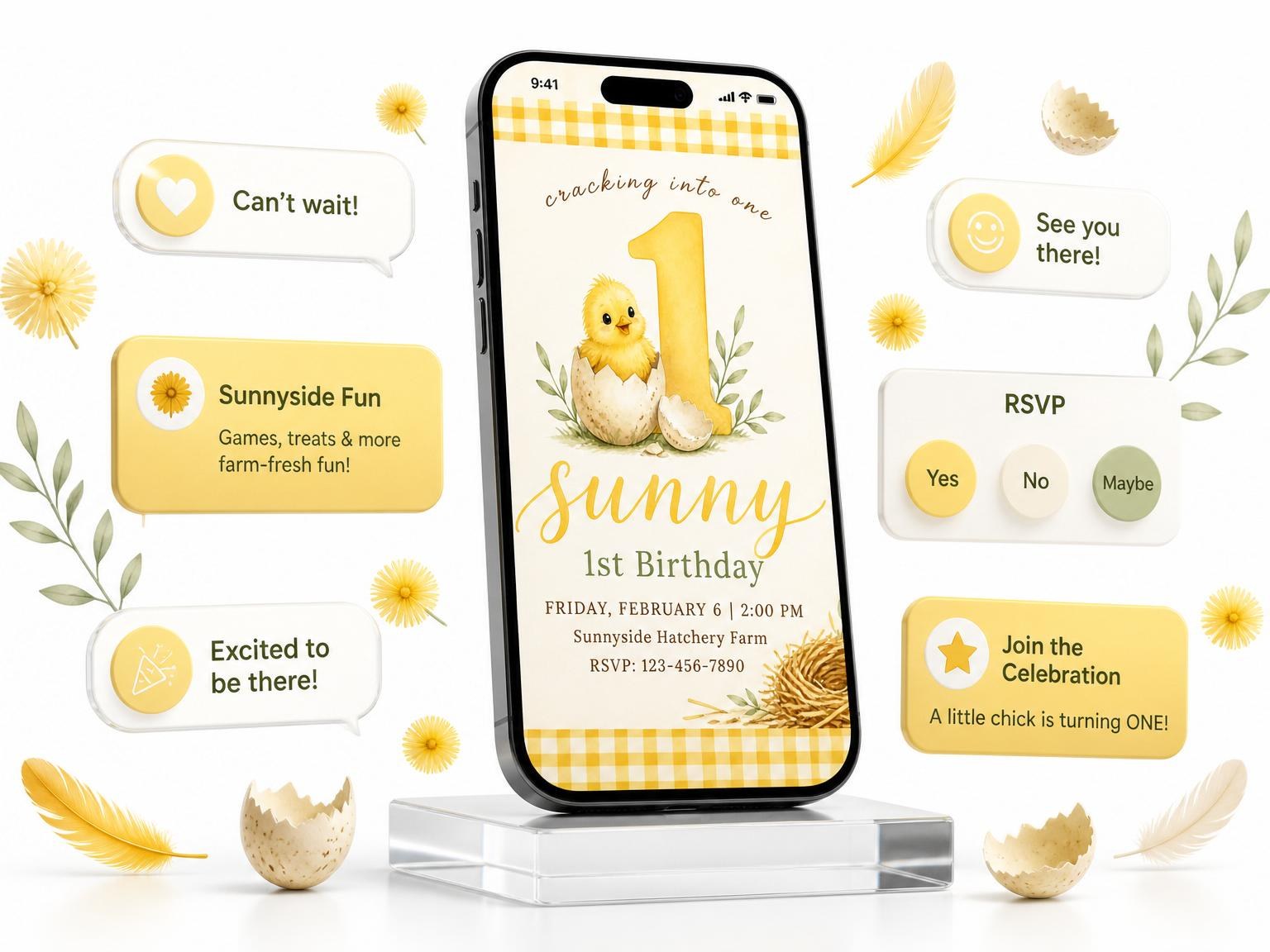 The Watercolor Chick Gingham 1st Birthday invitation on a phone, with guest RSVPs arriving around it
