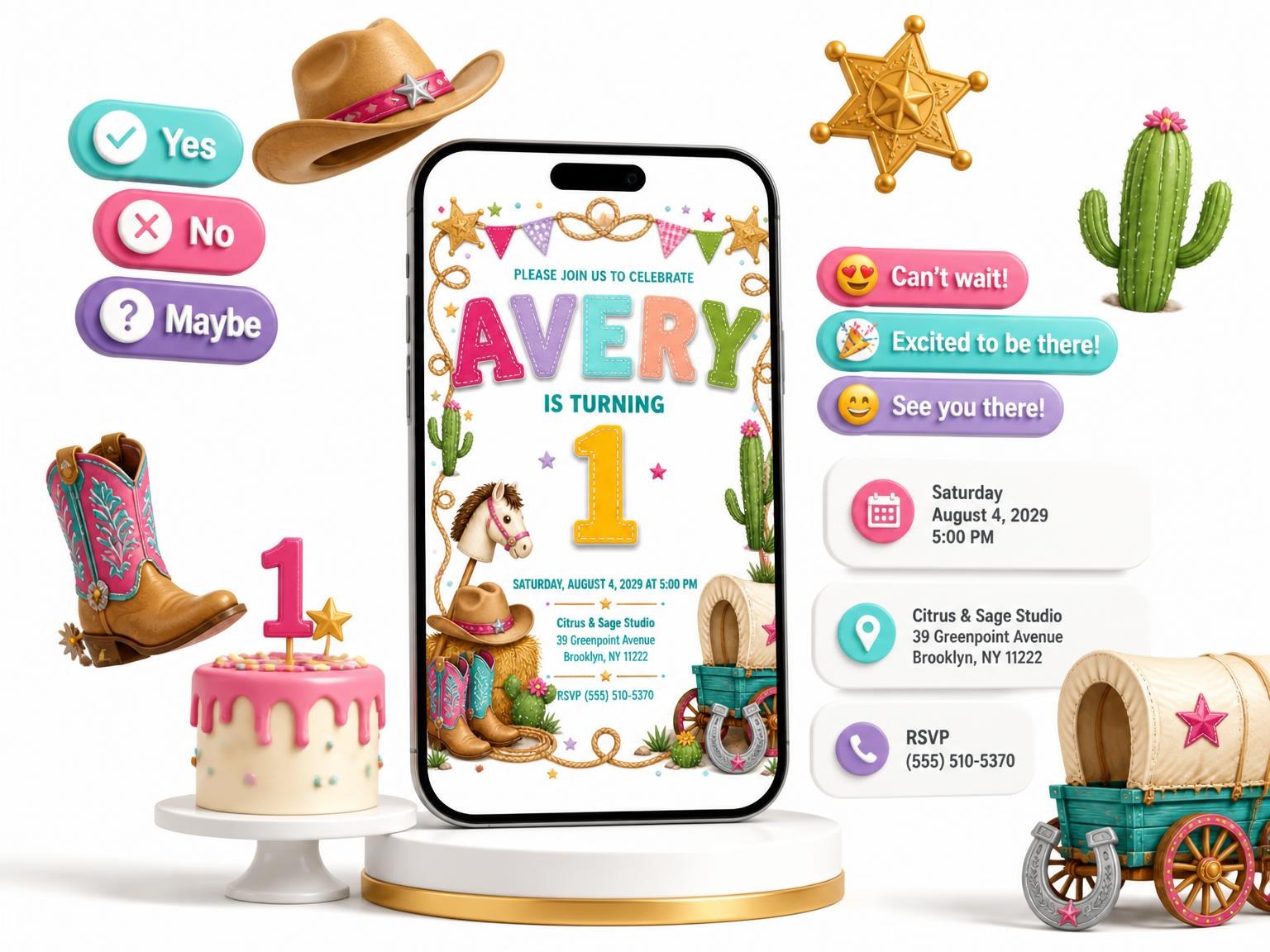 The Stitched Cowboy 1st Birthday Invitation invitation on a phone, with guest RSVPs arriving around it