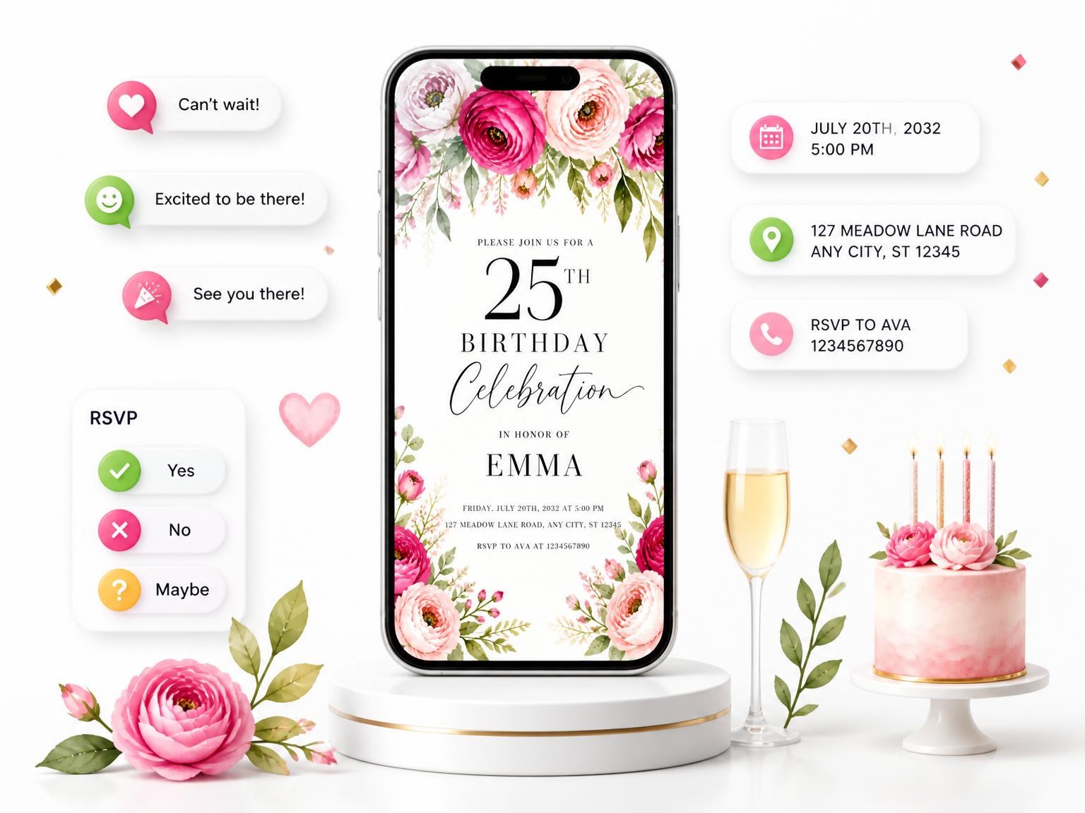 The Fuchsia Ranunculus Arch 25th Birthday Invitation invitation on a phone, with guest RSVPs arriving around it