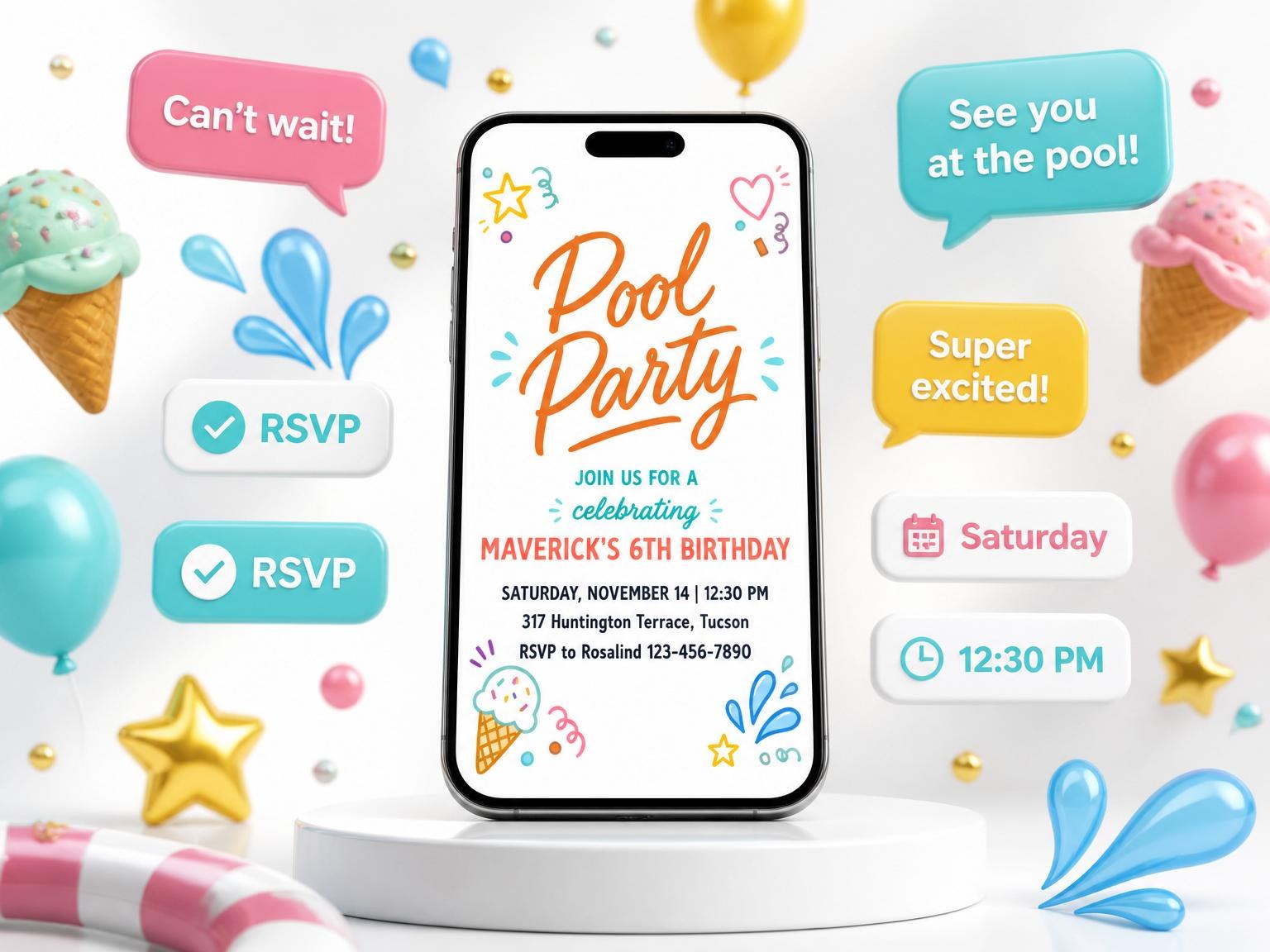 The Colorful Doodle Pool 6th Birthday invitation on a phone, with guest RSVPs arriving around it