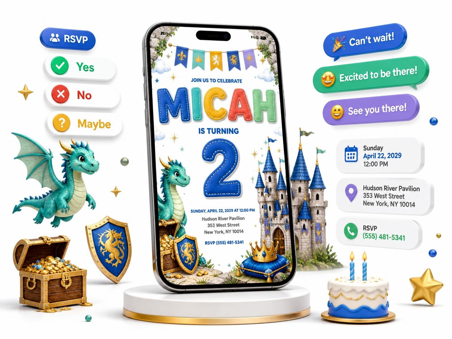 The Stitched Dragon Castle 2nd Birthday Invitation invitation on a phone, with guest RSVPs arriving around it