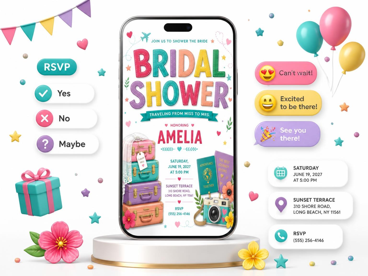 The Vintage Luggage Bridal Shower Invitation invitation on a phone, with guest RSVPs arriving around it