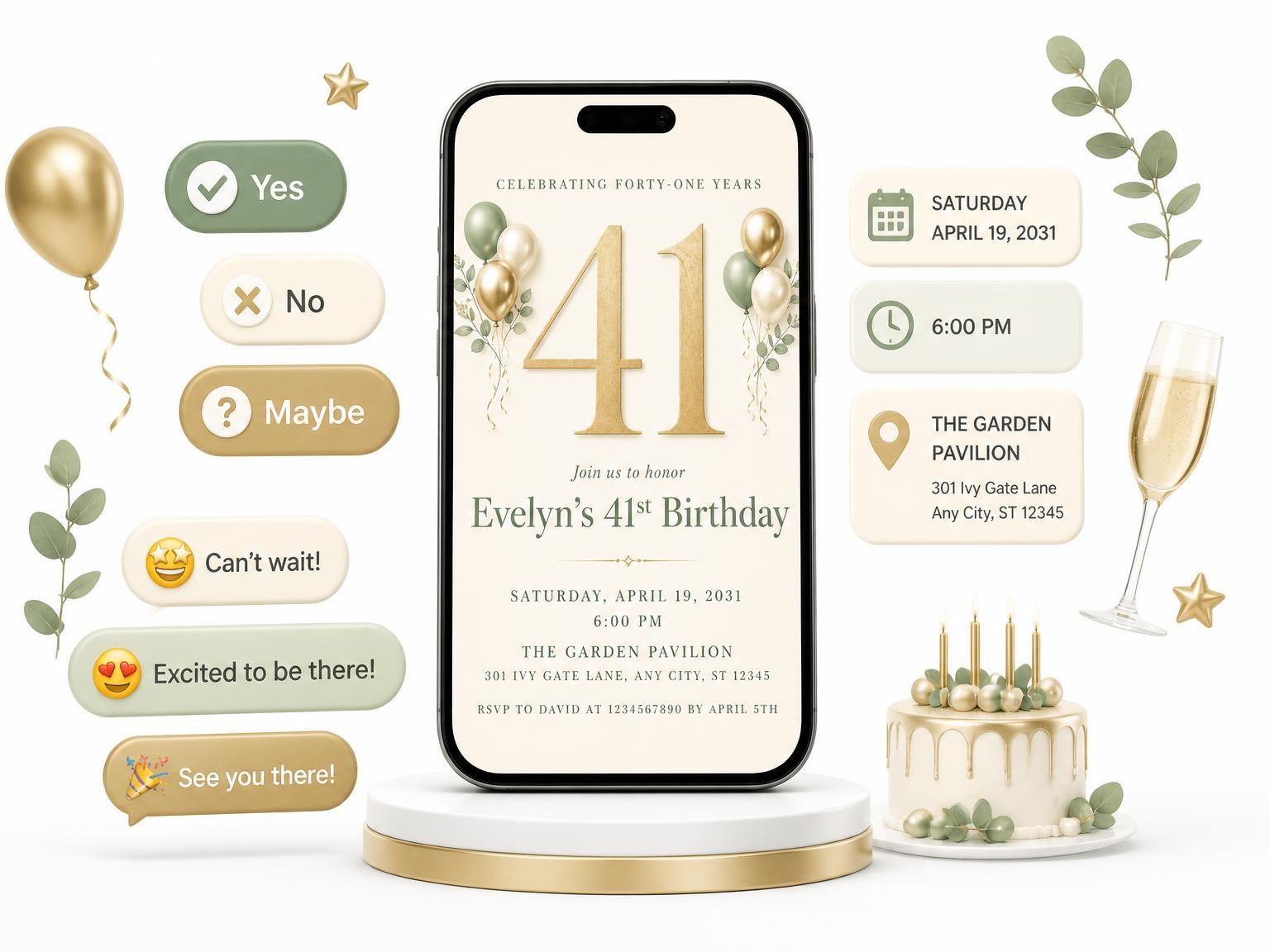 The Sage and Ivory 41st Birthday Invitation invitation on a phone, with guest RSVPs arriving around it