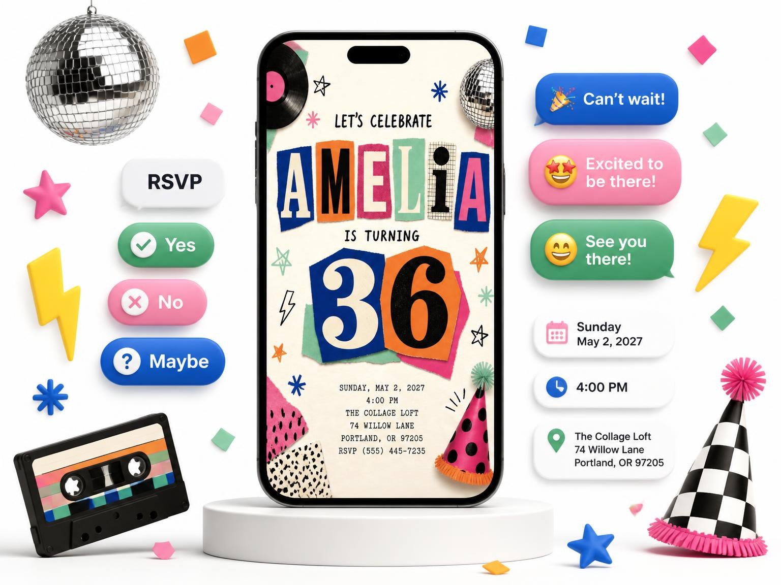 The Retro Paper Collage 36th Birthday Invitation invitation on a phone, with guest RSVPs arriving around it