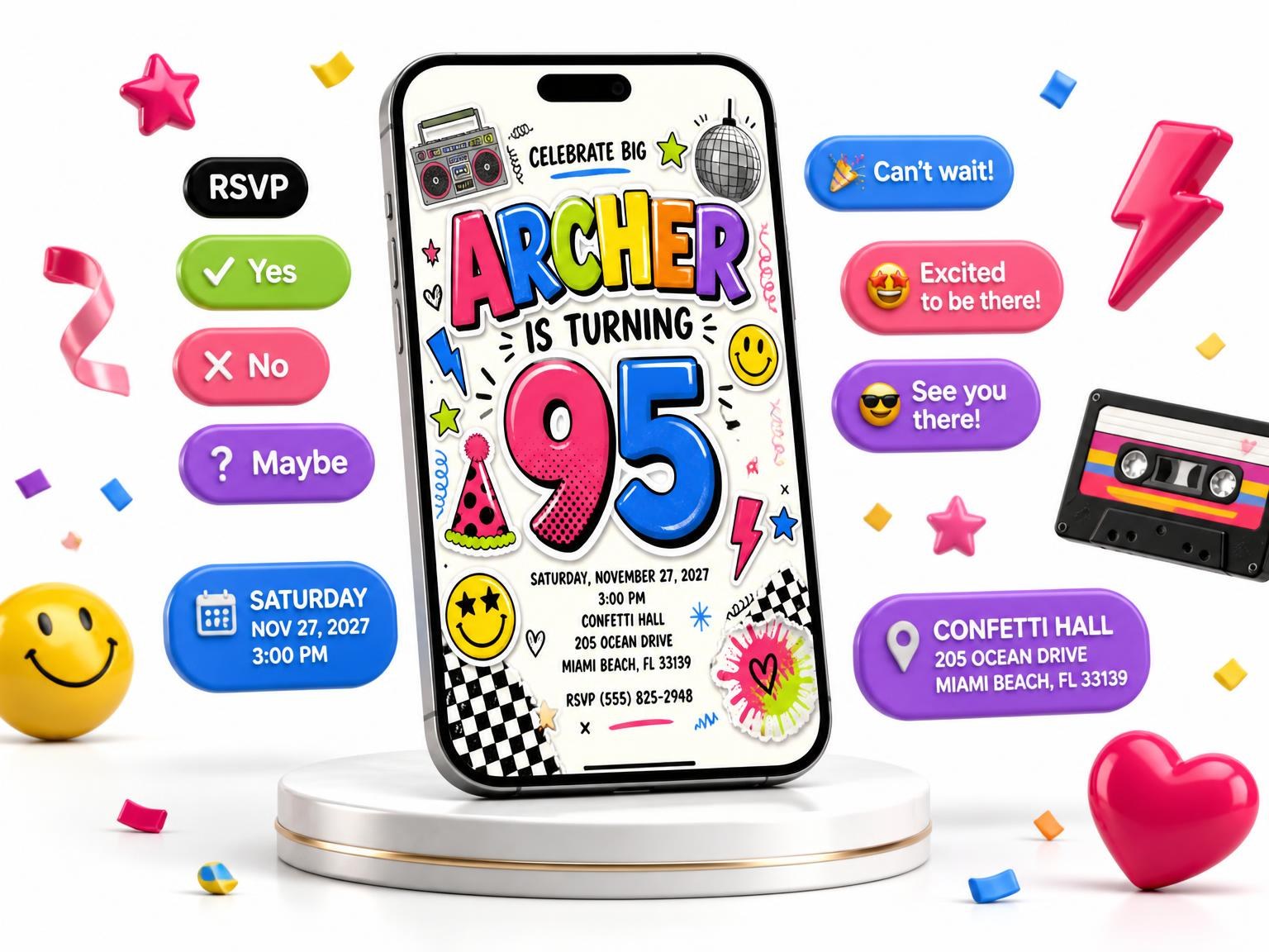The Sticker Pop 95th Birthday Invitation invitation on a phone, with guest RSVPs arriving around it