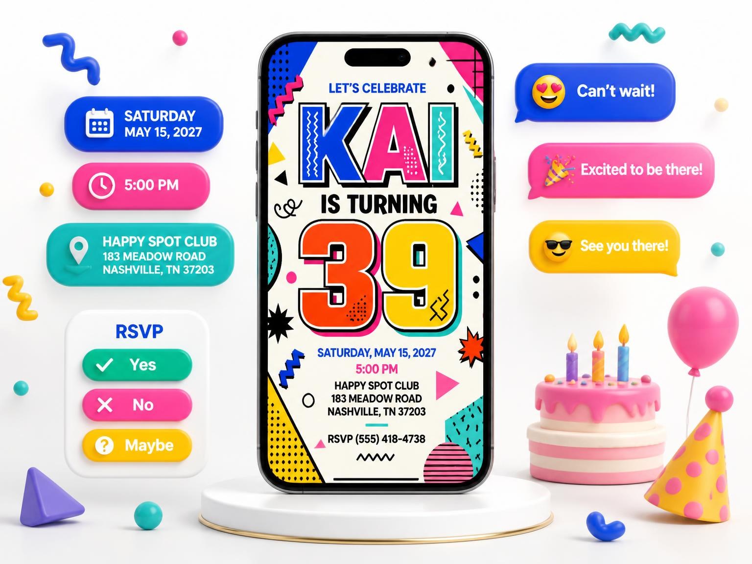 The Memphis Pop 39th Birthday Invitation invitation on a phone, with guest RSVPs arriving around it