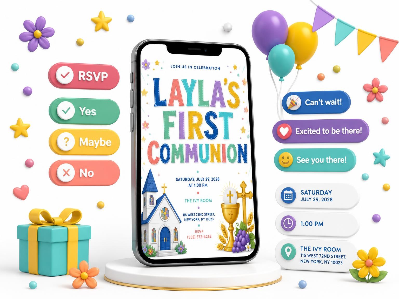 The Eucharist Setup First Communion Invitation invitation on a phone, with guest RSVPs arriving around it