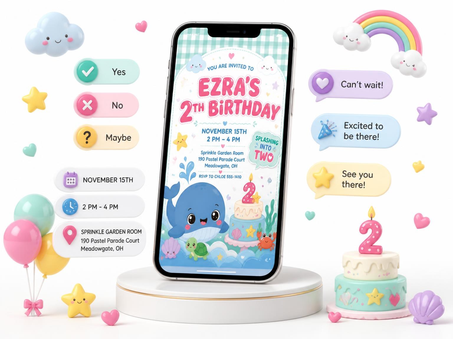 The Sea Creatures Kawaii 2nd Birthday Invitation invitation on a phone, with guest RSVPs arriving around it