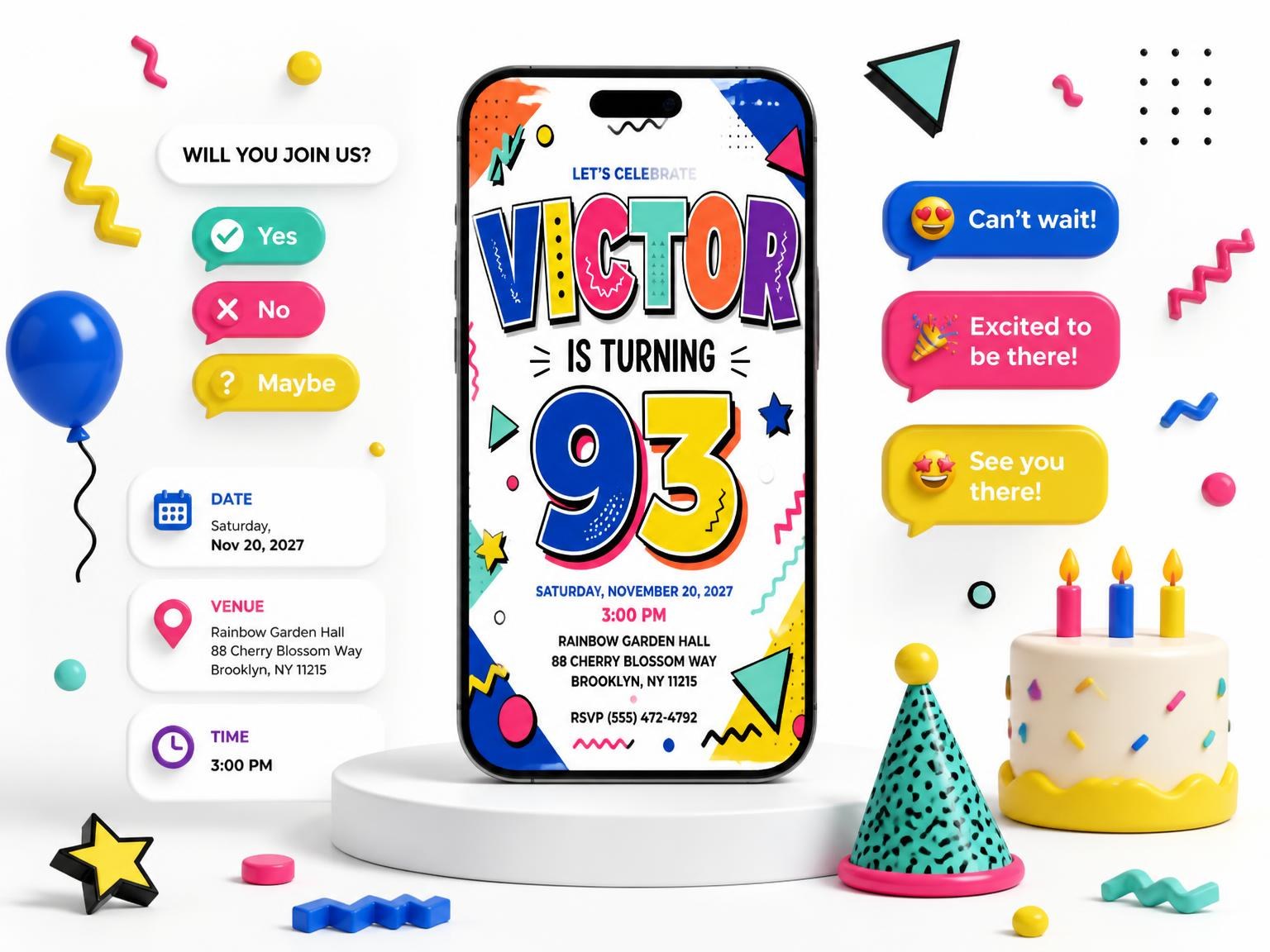 The Memphis Pop 93rd Birthday Invitation invitation on a phone, with guest RSVPs arriving around it