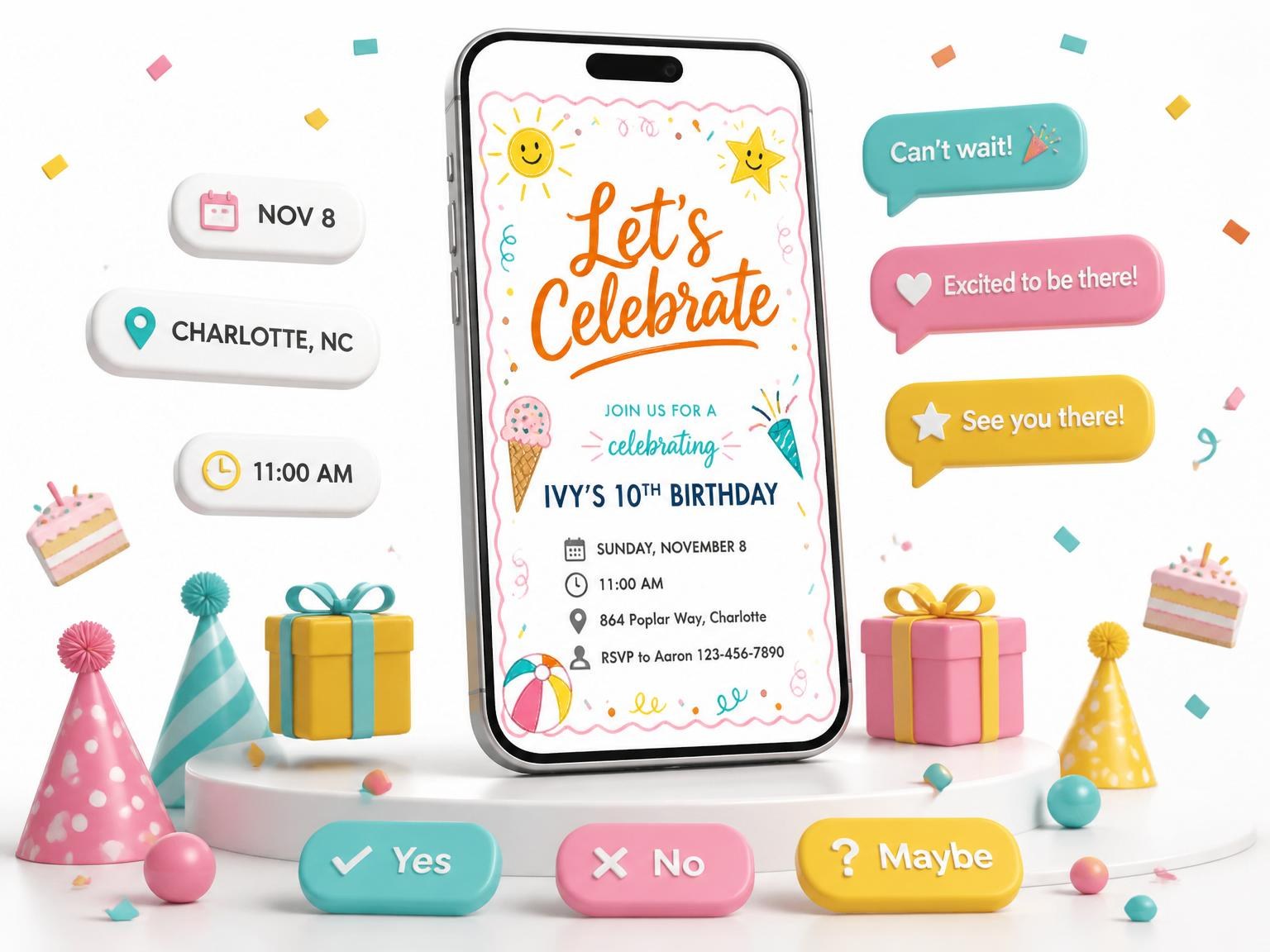 The Bright Icon Playful 10th Birthday Invitation invitation on a phone, with guest RSVPs arriving around it