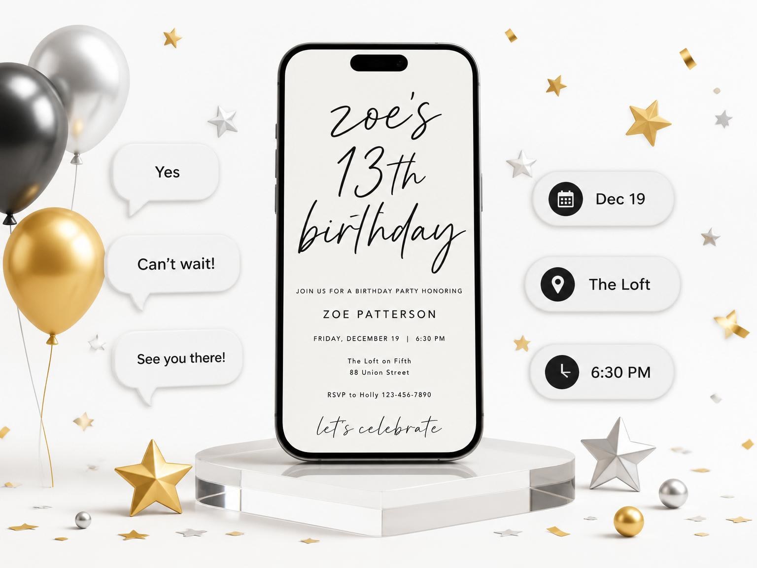 The Minimalist Black and White 13th Birthday Invitation invitation on a phone, with guest RSVPs arriving around it
