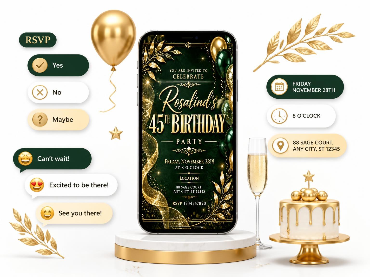 The Emerald and Champagne 45th Birthday Invitation invitation on a phone, with guest RSVPs arriving around it