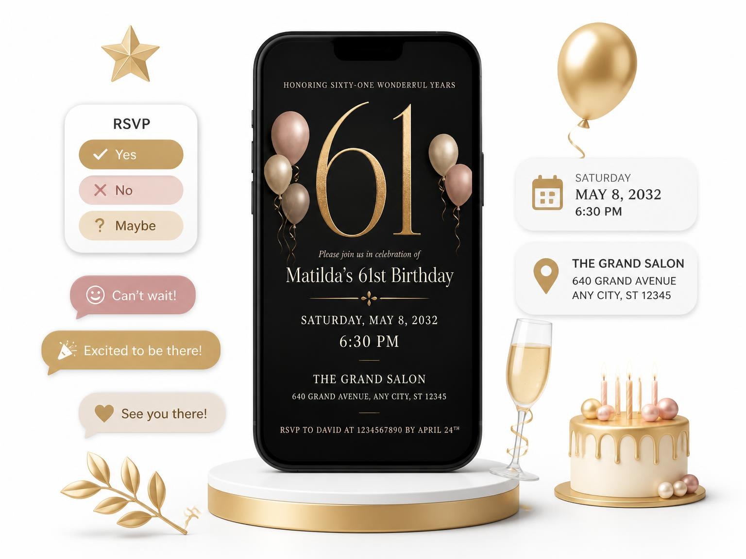 The Charcoal and Blush 61st Birthday Invitation invitation on a phone, with guest RSVPs arriving around it