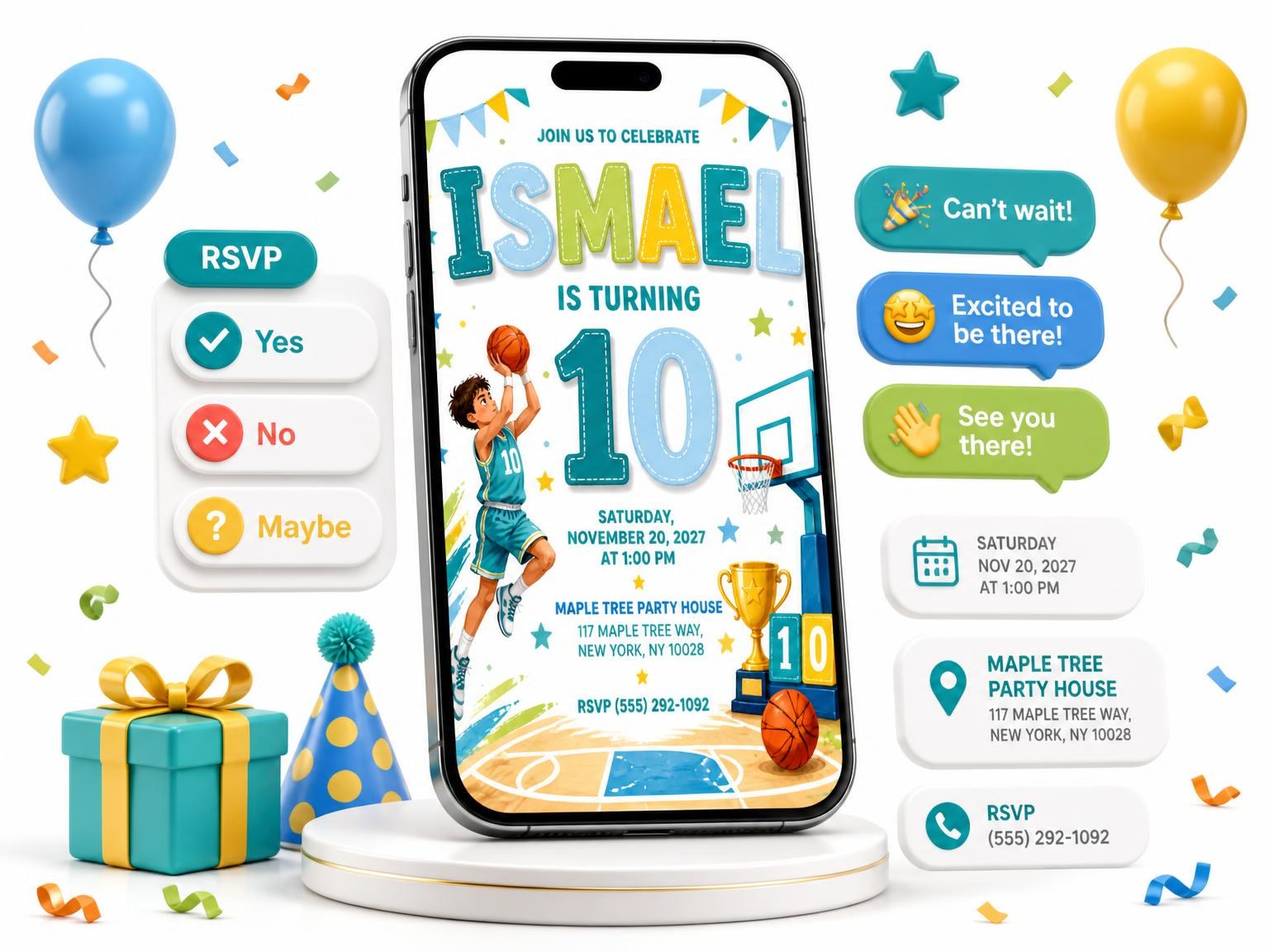 The Basketball Player 10th Birthday Invitation invitation on a phone, with guest RSVPs arriving around it
