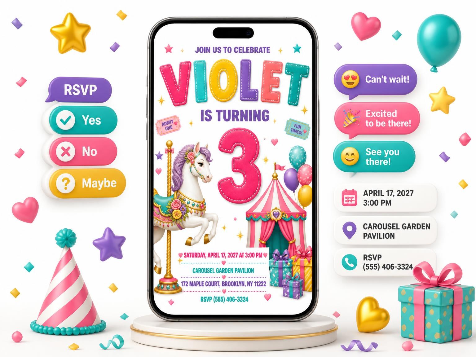 The Stitched Carousel 3rd Birthday Invitation invitation on a phone, with guest RSVPs arriving around it