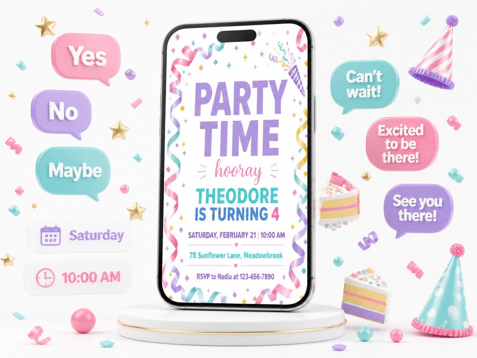 The Pastel Streamer Confetti Birthday Invitation invitation on a phone, with guest RSVPs arriving around it