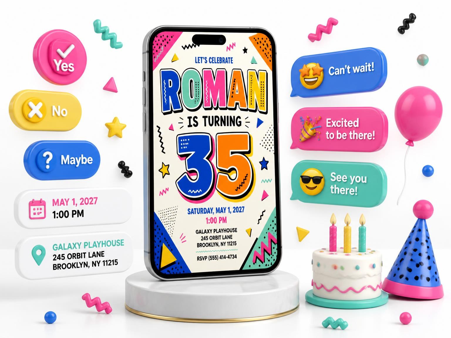 The Memphis Pop 35th Birthday Invitation invitation on a phone, with guest RSVPs arriving around it