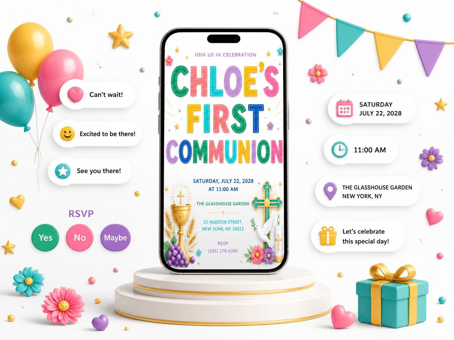 The Ornate Cross First Communion Invitation invitation on a phone, with guest RSVPs arriving around it