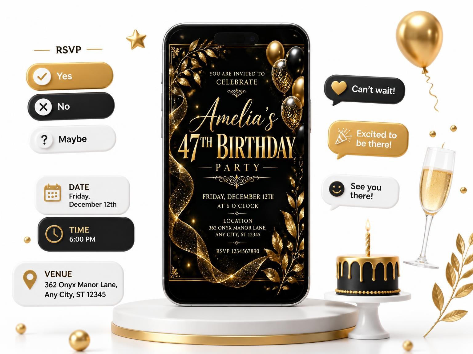 The Black and Gold 47th Birthday Invitation invitation on a phone, with guest RSVPs arriving around it