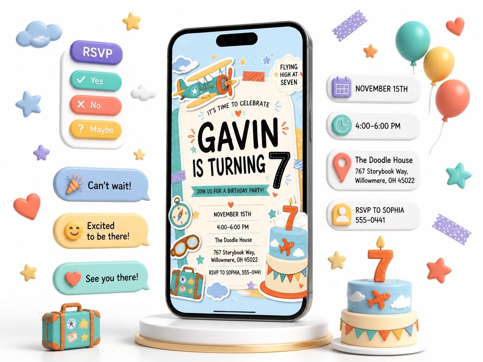 The Vintage Biplane Pastel 7th Birthday Invitation invitation on a phone, with guest RSVPs arriving around it