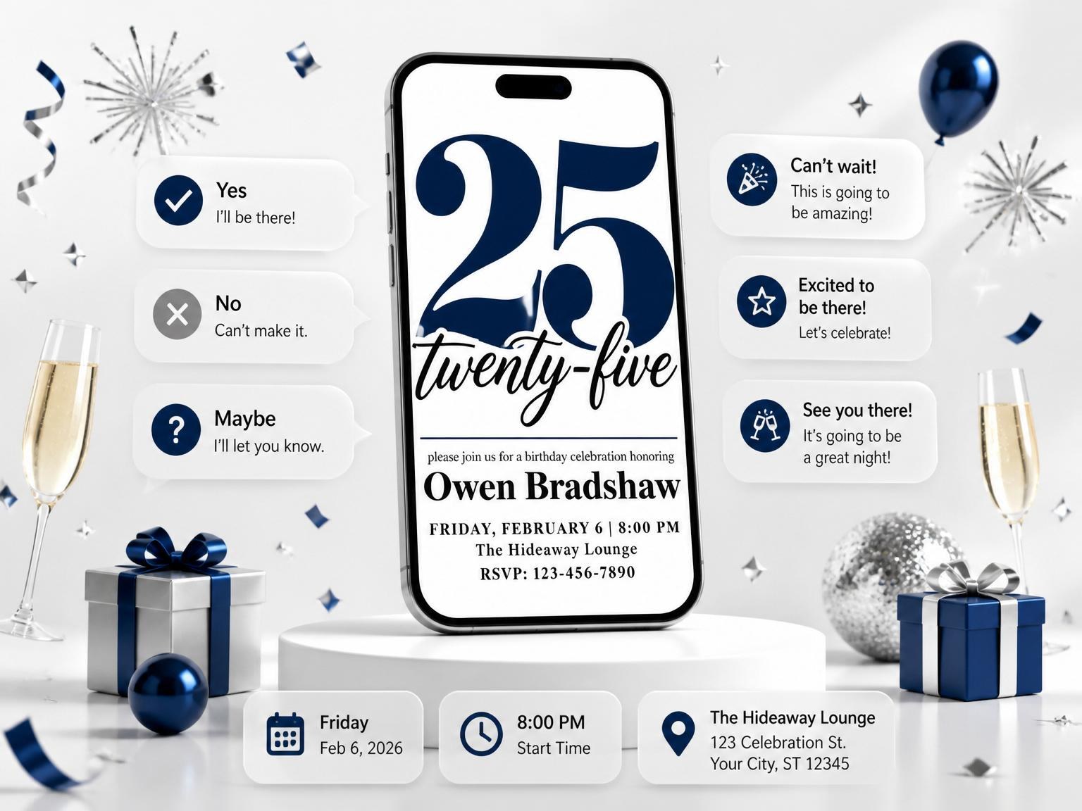 The Navy Bold Typography Milestone Birthday invitation on a phone, with guest RSVPs arriving around it