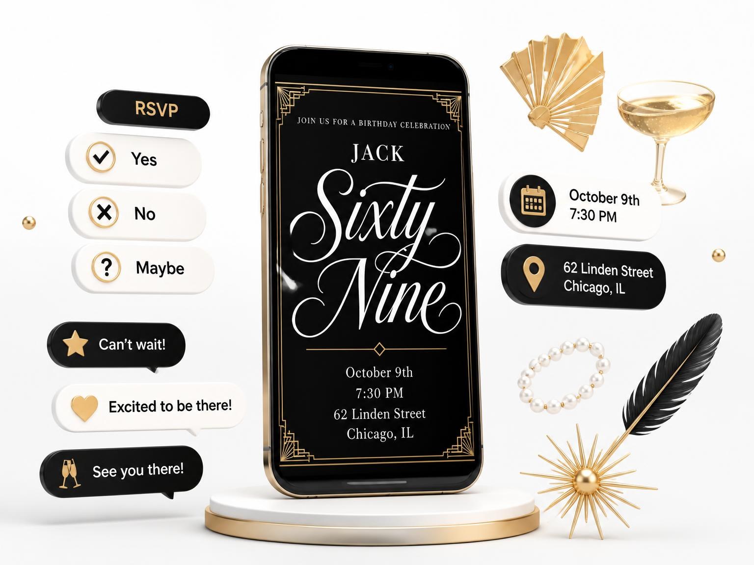 The Art Deco 69th Birthday Invitation invitation on a phone, with guest RSVPs arriving around it