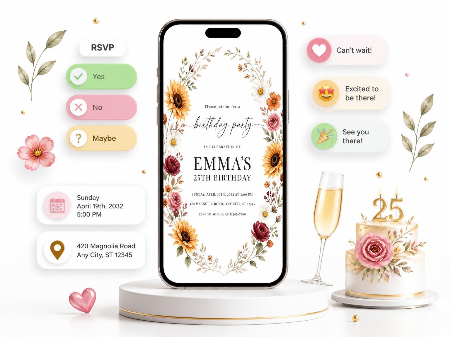 The Wildflower Garden Autumn 25th Birthday Invitation invitation on a phone, with guest RSVPs arriving around it