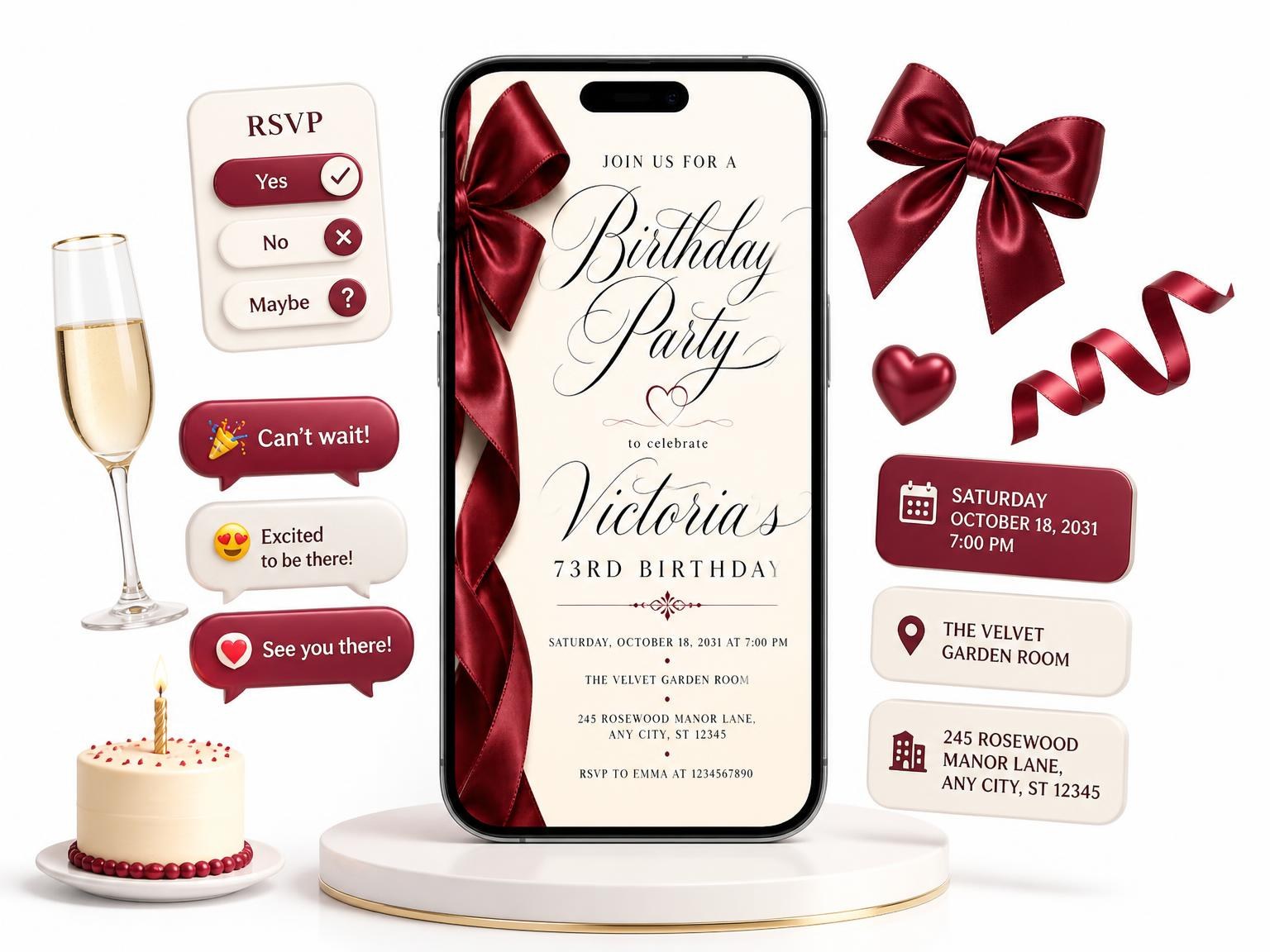 The Burgundy Satin Bow 73rd Birthday Invitation invitation on a phone, with guest RSVPs arriving around it