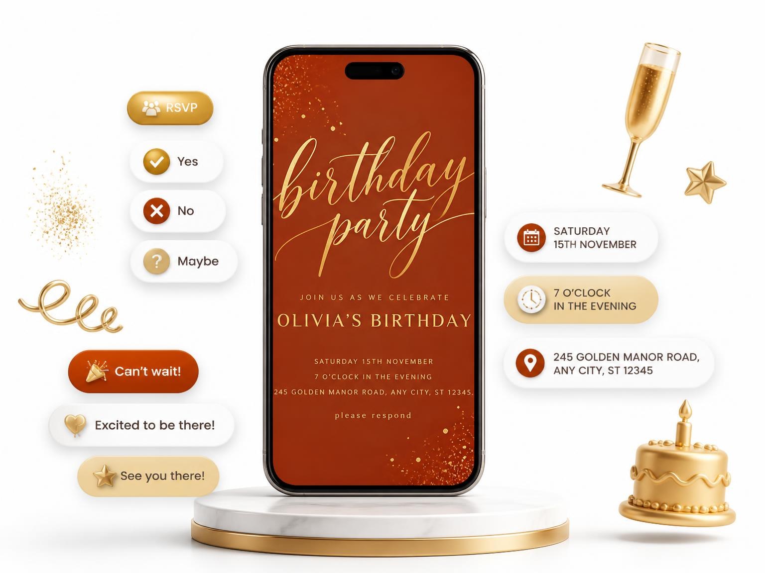 The Terracotta and Gold Birthday Invitation invitation on a phone, with guest RSVPs arriving around it