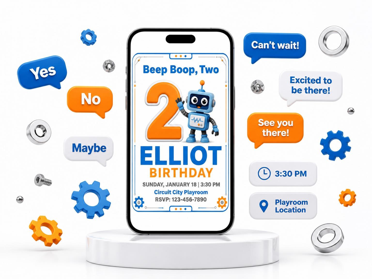 The Blue and Orange Robot 2nd Birthday invitation on a phone, with guest RSVPs arriving around it